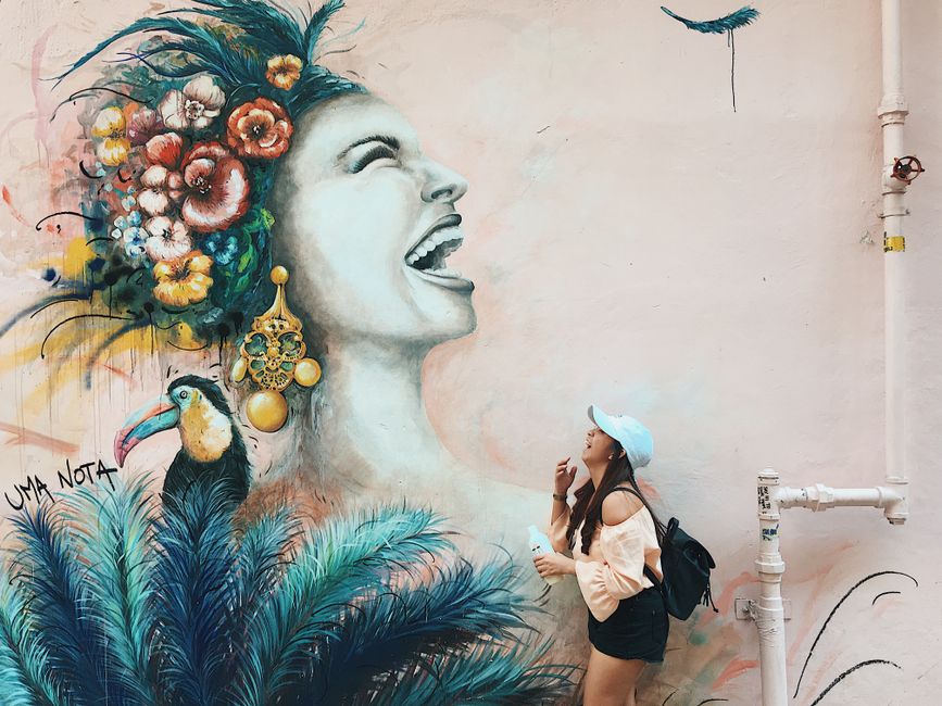 Persona observando un mural en Lavapiés, Madrid.