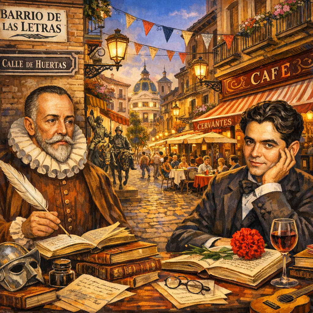 Calle del Barrio de las Letras en Madrid con libros y elementos literarios