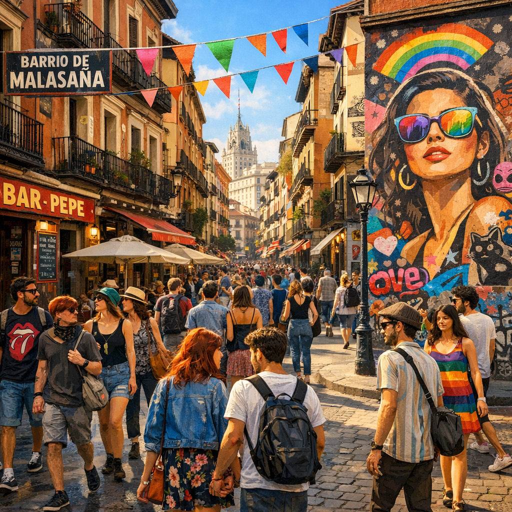 Grupo de turistas explorando las calles de Madrid, en un tour gratuito, con edificios históricos y arte urbano de fondo.