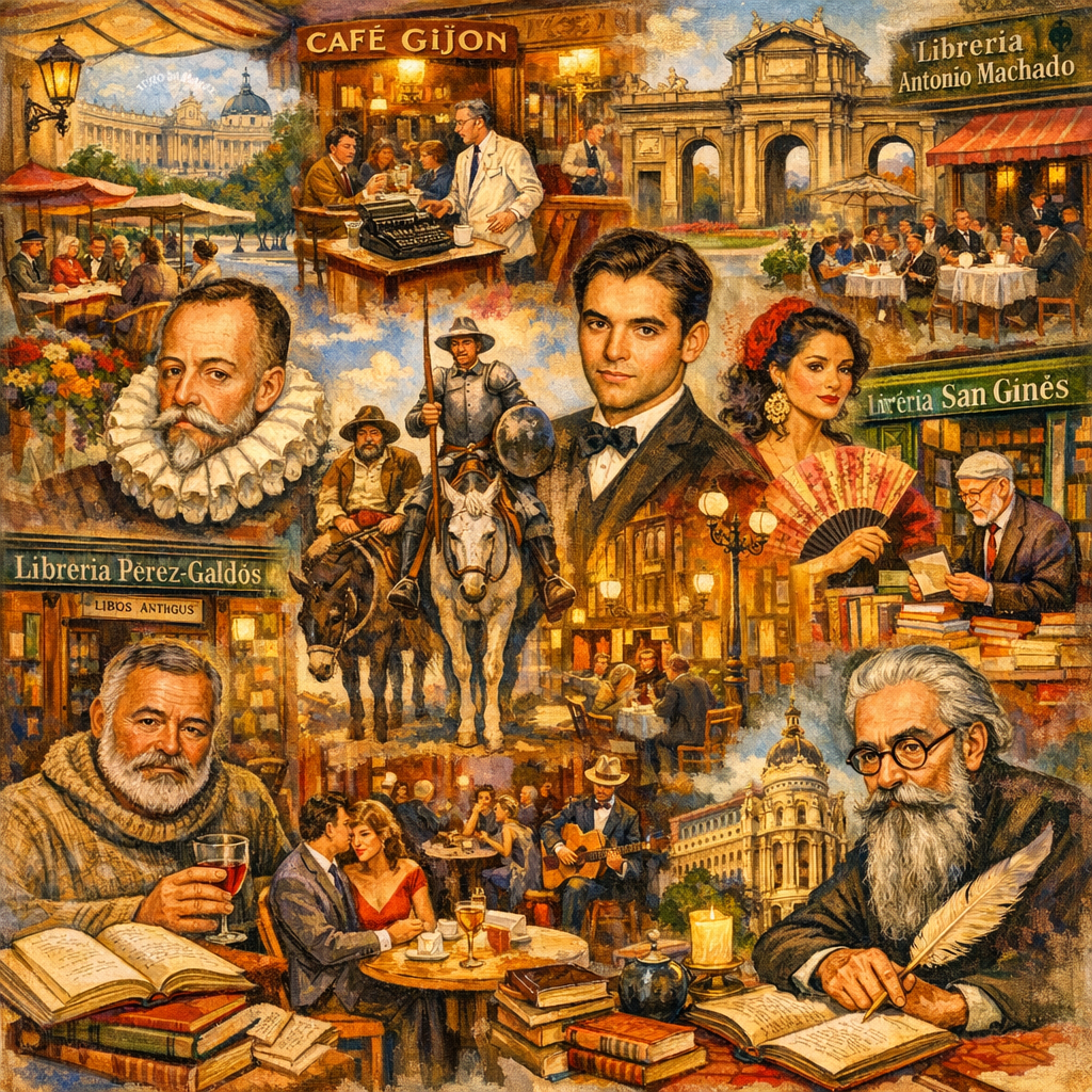 Collage de escenas literarias en Madrid con cafeterías y librerías históricas.