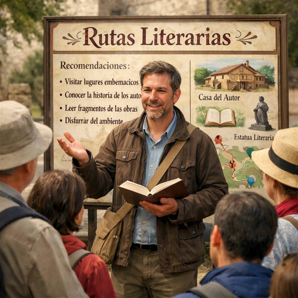 Guía dando consejos sobre rutas literarias en Madrid.