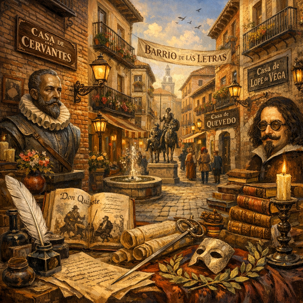 Casas museo en el Barrio de las Letras, Madrid, con elementos literarios y ambiente cultural.