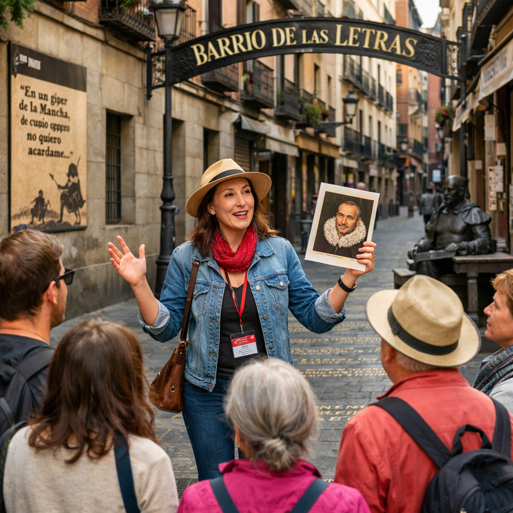 Guía realizando un tour literario en el Barrio de las Letras.