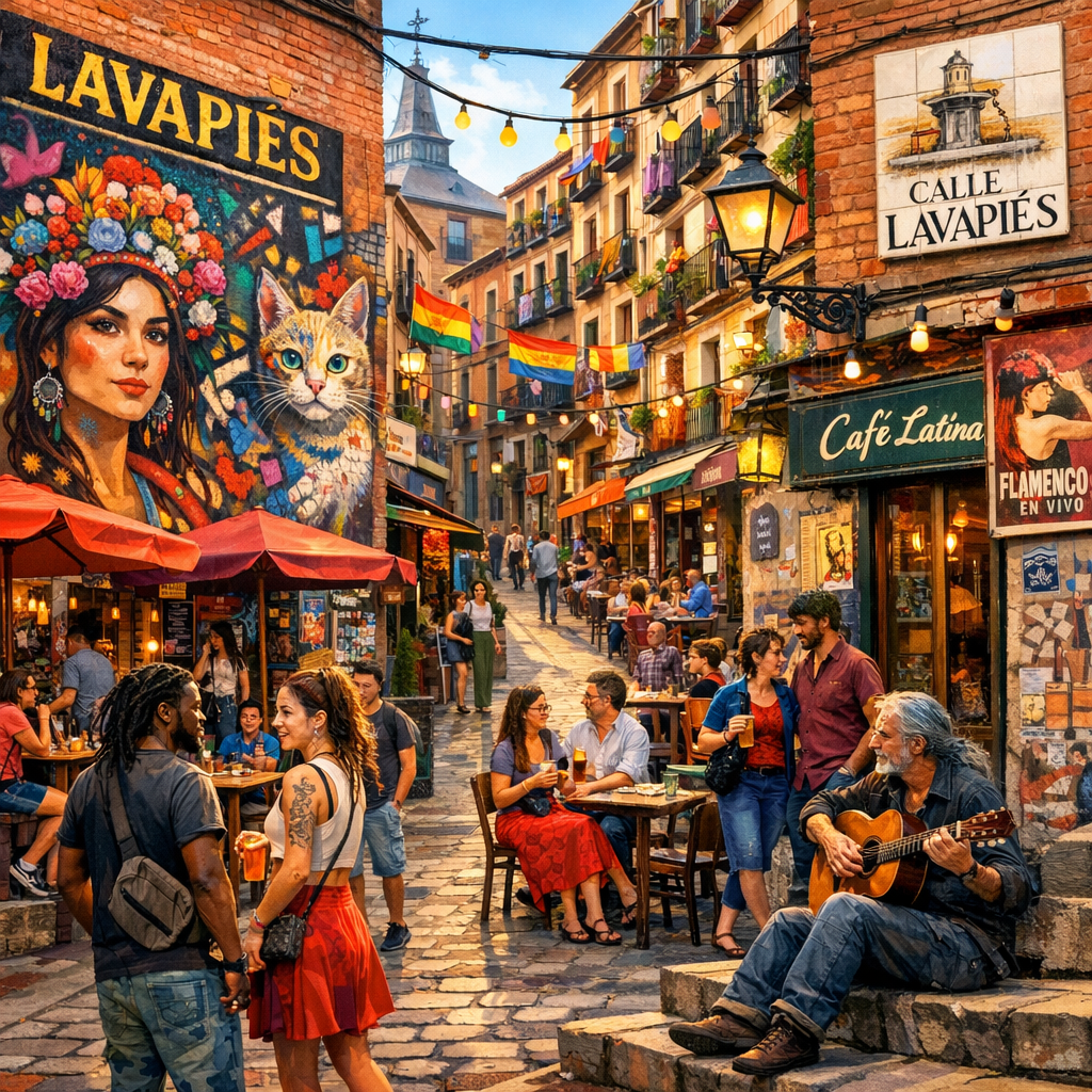Barrio de Lavapiés en Madrid, mostrando murales artísticos y ambiente multicultural.