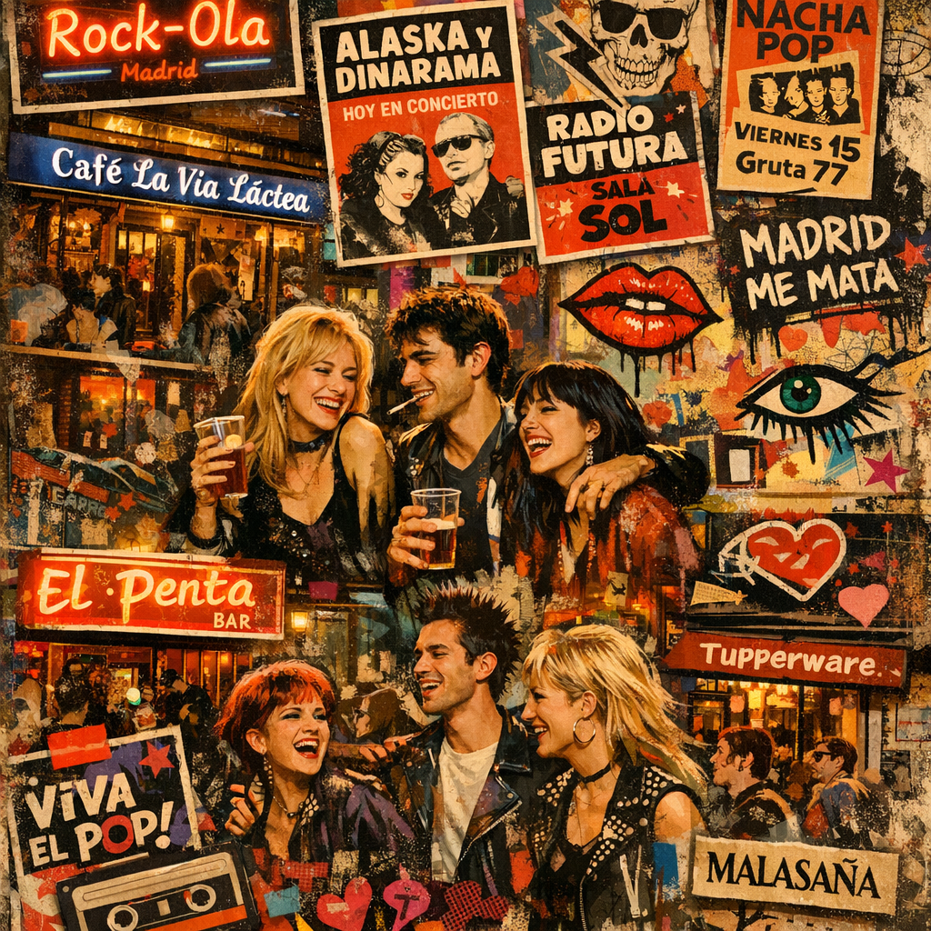 Collage que representa la Movida Madrileña, mostrando bares emblemáticos y ambiente nocturno en Madrid.