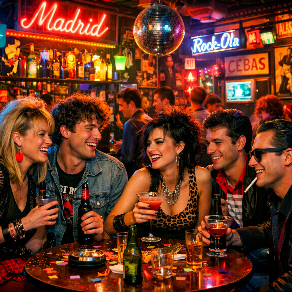 Bares emblemáticos de la Movida en Madrid con gente disfrutando