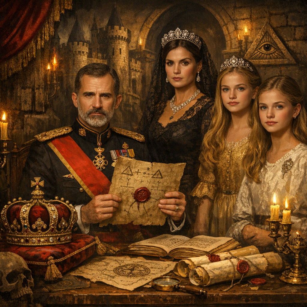 Ilustración de secretos ocultos de los monarcas españoles en un castillo con coronas y documentos secretos
