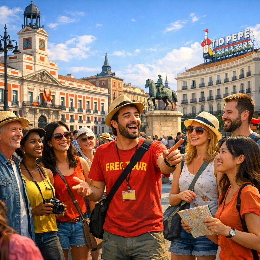 Grupo de turistas en un free tour por las calles de Madrid con un guía compartiendo historias sobre la cultura local.