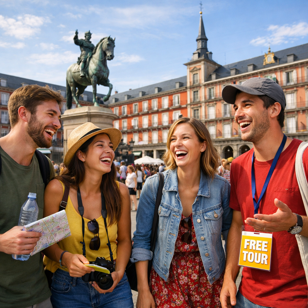 Grupo de amigos disfrutando en una plaza de Madrid durante un free tour.