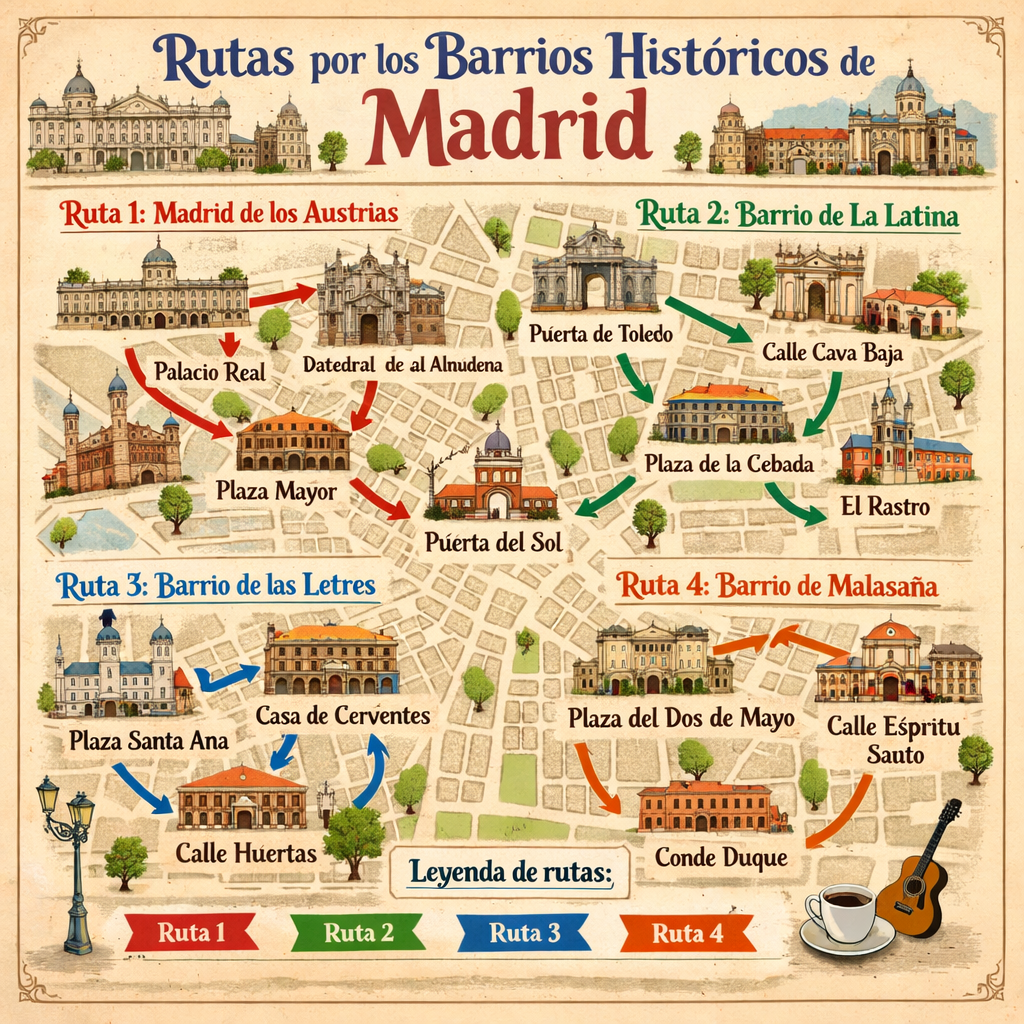 Mapa de rutas por los barrios históricos de Madrid