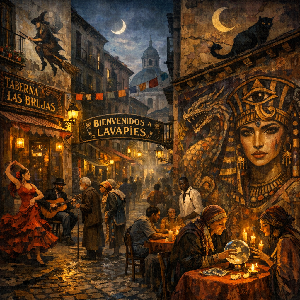 Barrio de Lavapiés en Madrid con murales y ambiente multicultural