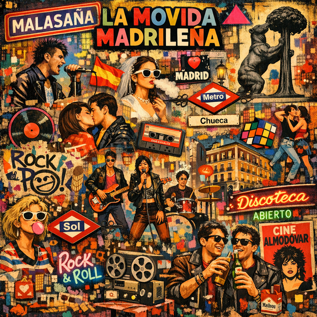 Collage representativo de la Movida Madrileña en Madrid, con grafitis, arte callejero y escenas de vida nocturna.