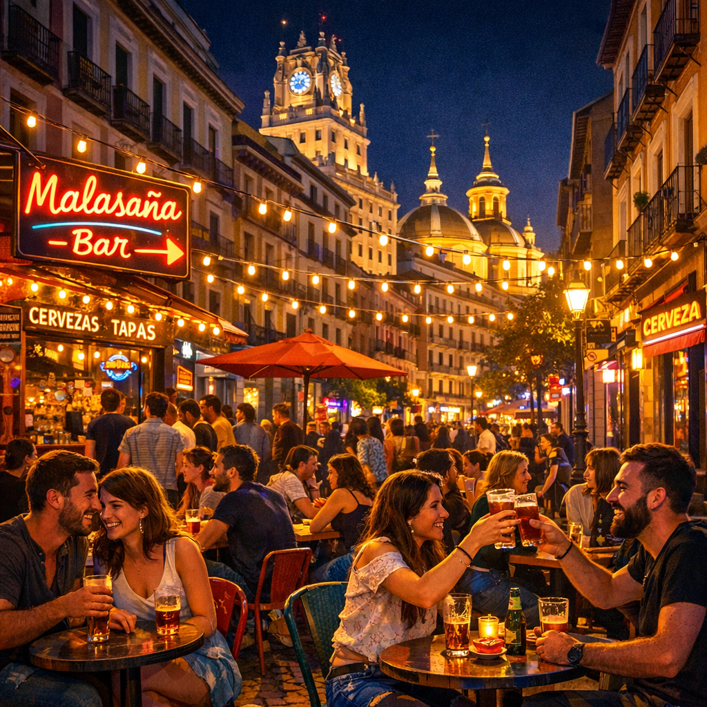 Vida nocturna en Madrid con personas disfrutando en un bar de Malasaña bajo luces brillantes.