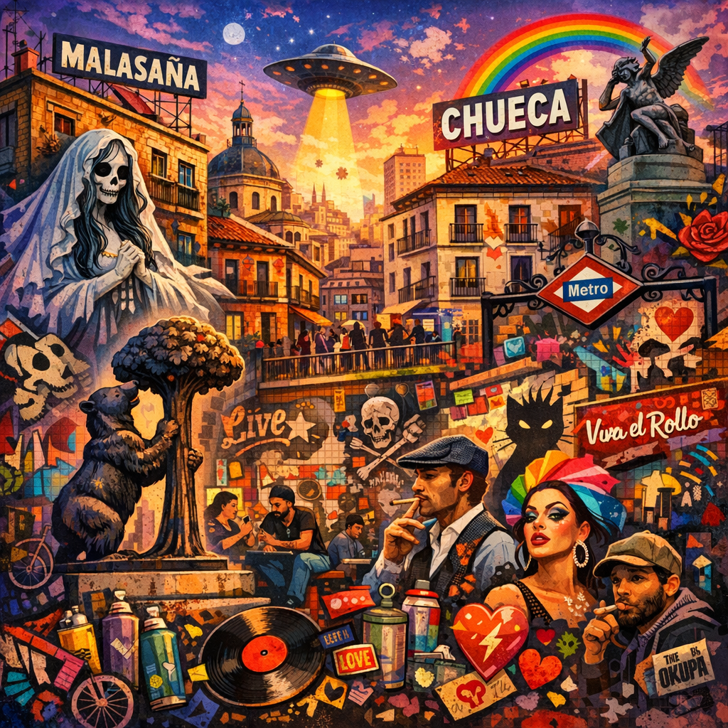 Representación visual de leyendas y cultura alternativa en Madrid, destacando barrios icónicos.