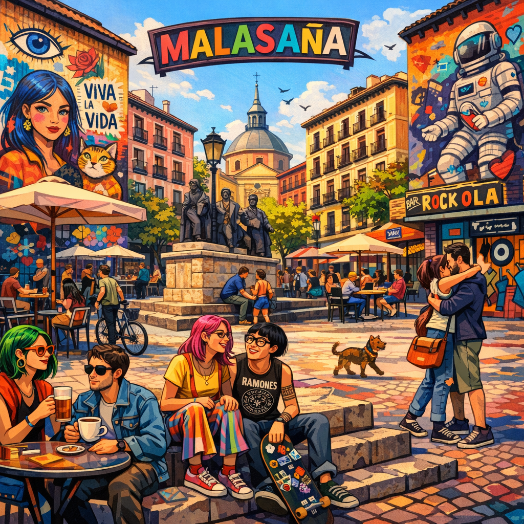 Plaza en Malasaña, Madrid, con arte urbano y un ambiente alternativo.