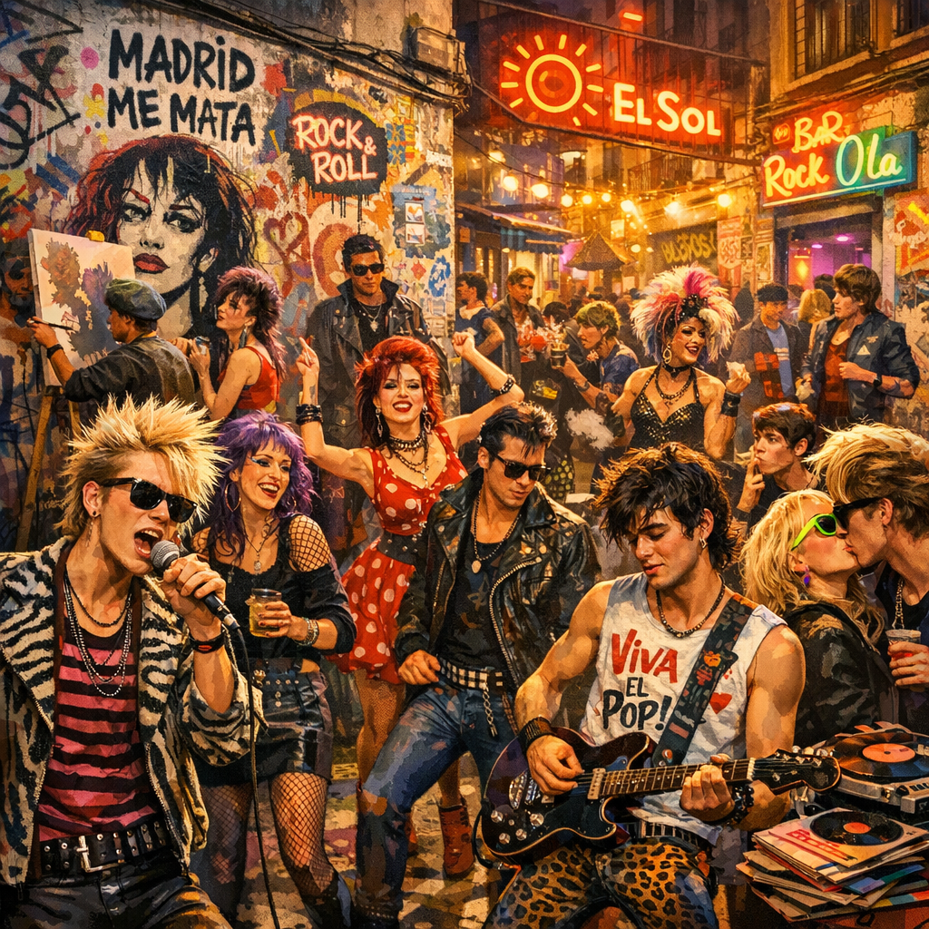 Representación artística de la Movida Madrileña en Madrid, con colores vibrantes, grafitis y ambiente festivo.