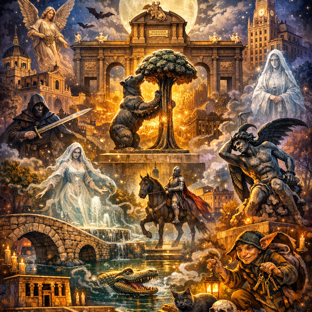 Ilustración que representa las leyendas y mitos de Madrid, con elementos históricos y culturales destacados.
