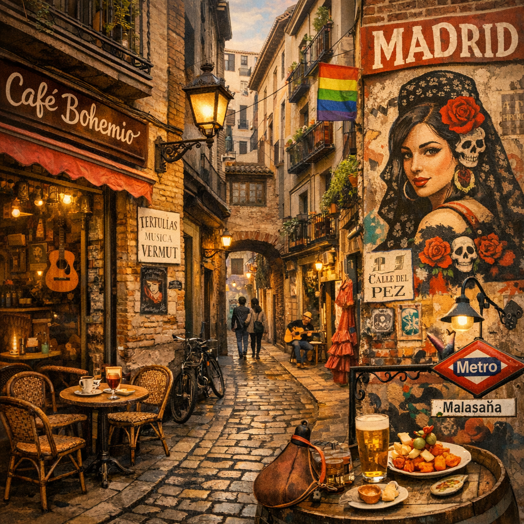 Vista de una ruta alternativa en Madrid, con arte urbano y cafés bohemios
