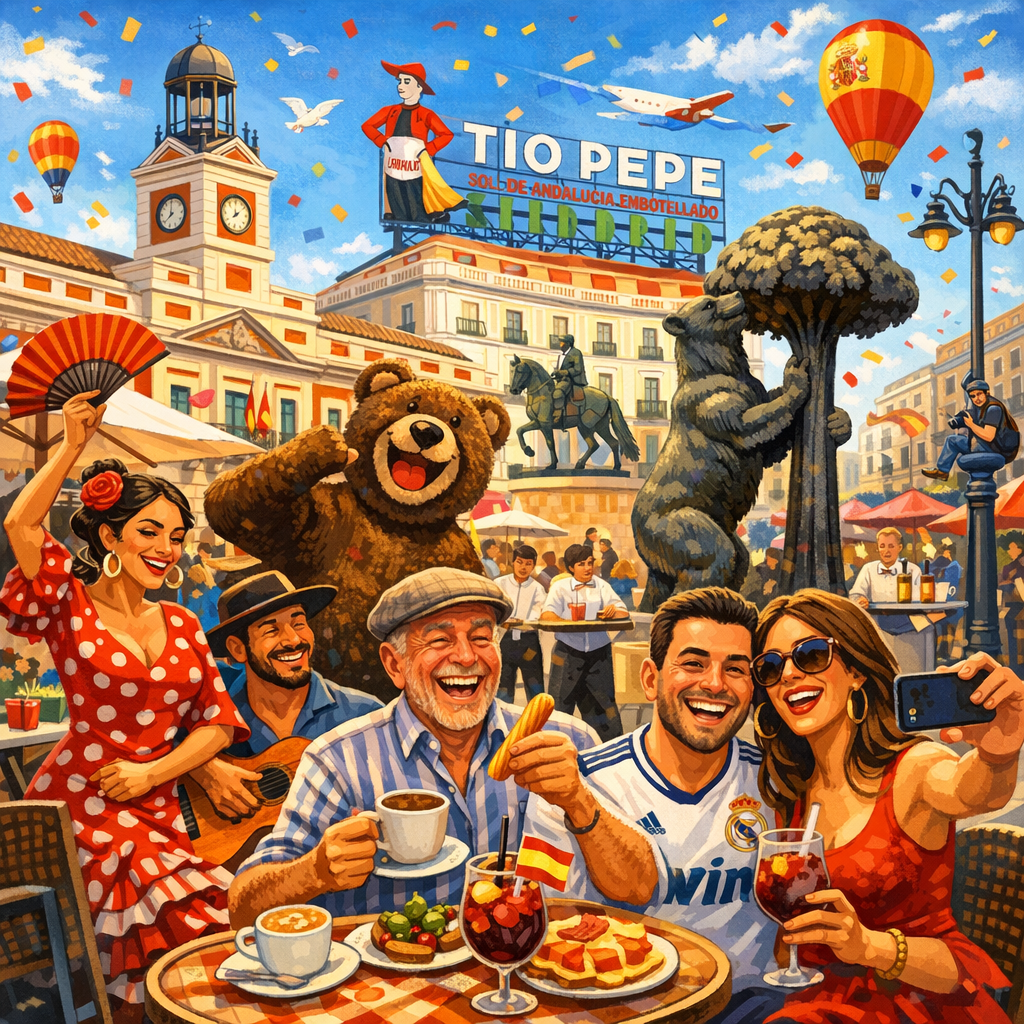 Imagen colorida de la Puerta del Sol en Madrid con gente riendo y disfrutando del ambiente.