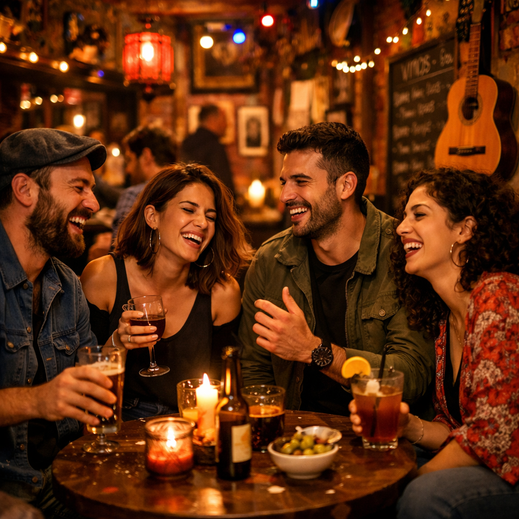 Grupo de personas disfrutando en un bar bohemio en Madrid
