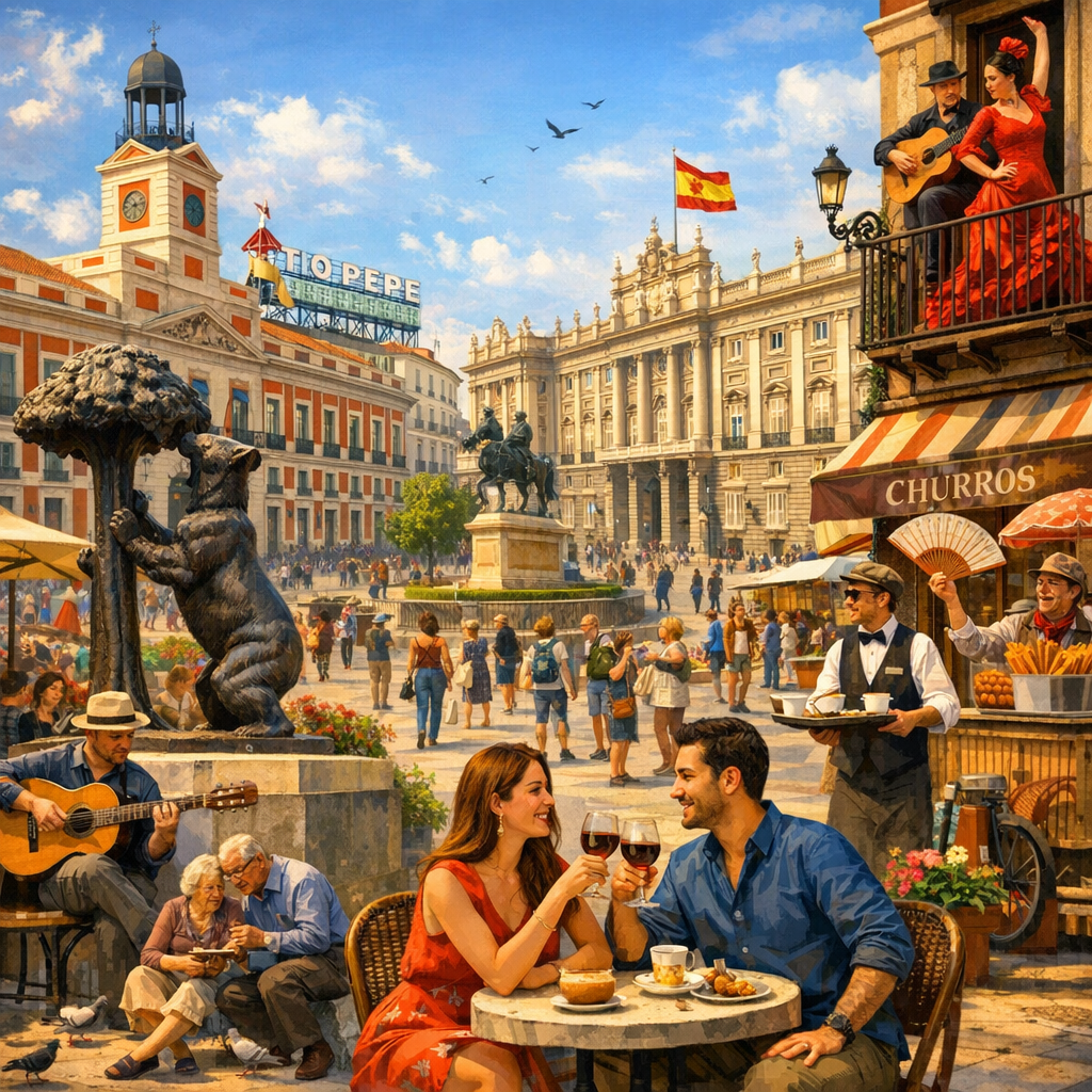 Imagen representativa de la rica historia y cultura de Madrid, incluyendo la Puerta del Sol y el Palacio Real.