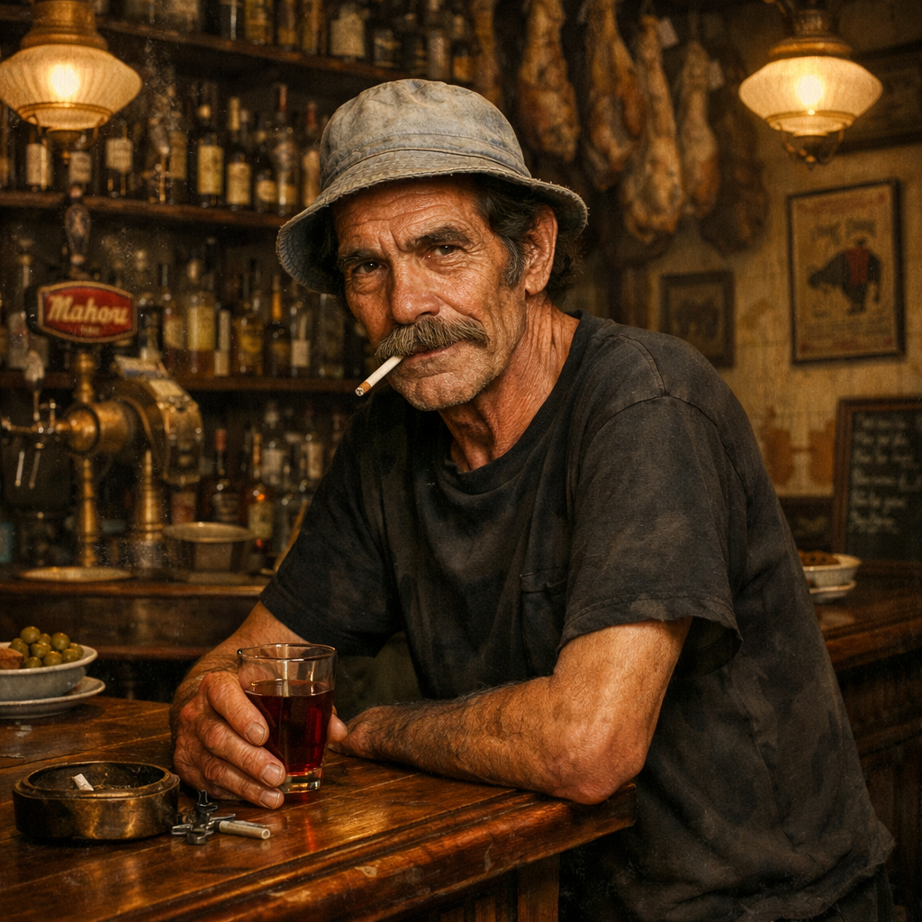 Retrato de Don Ramón, personaje icónico de un bar antiguo de Madrid.