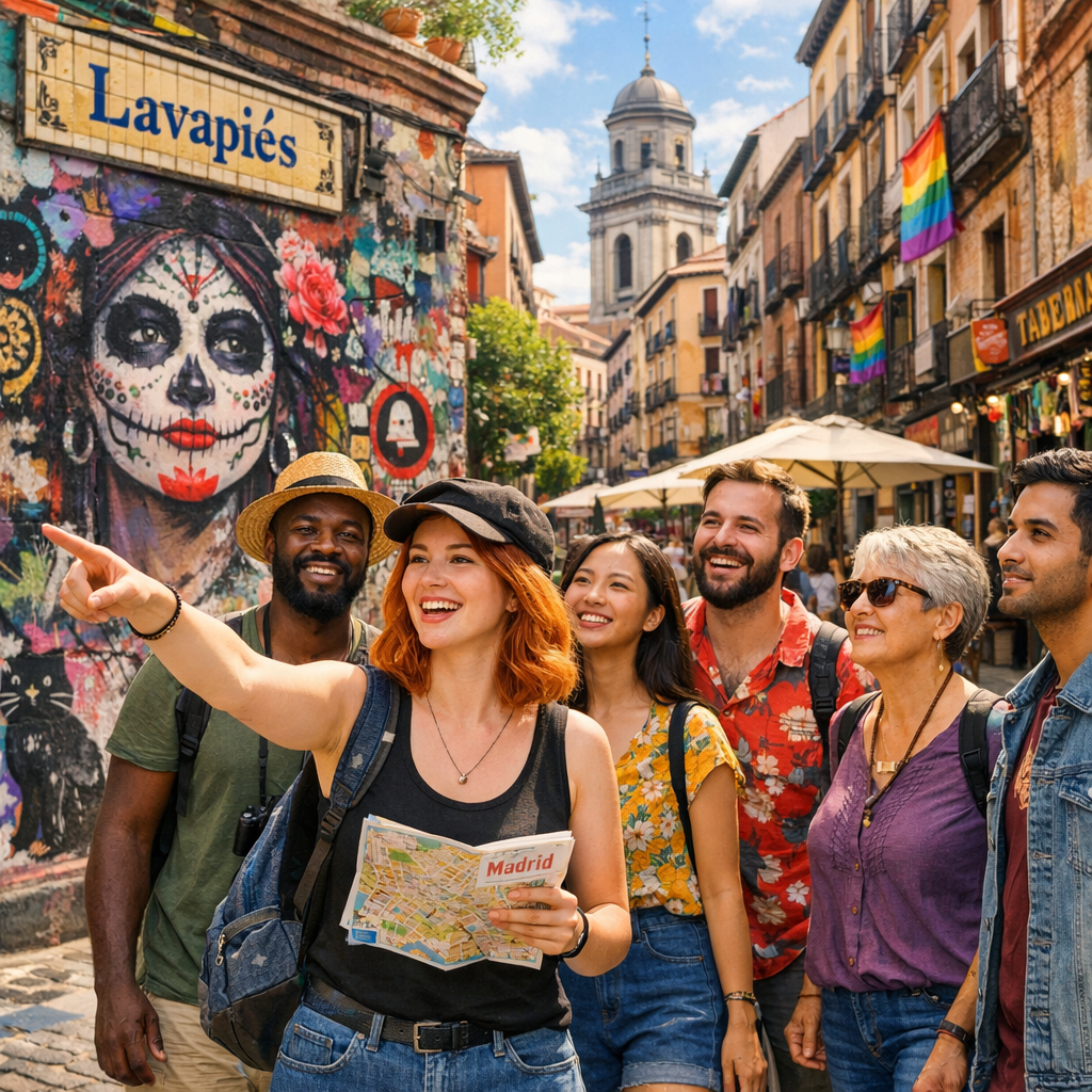Grupo de turistas en un tour alternativo por un barrio creativamente decorado de Madrid.