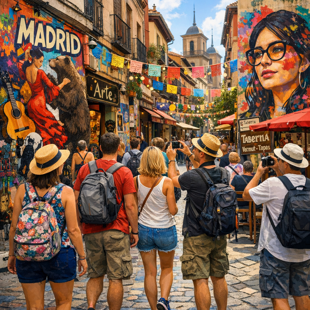 Turistas disfrutando de un free tour por el Madrid bohemio, rodeados de arte urbano y calles llenas de vida.