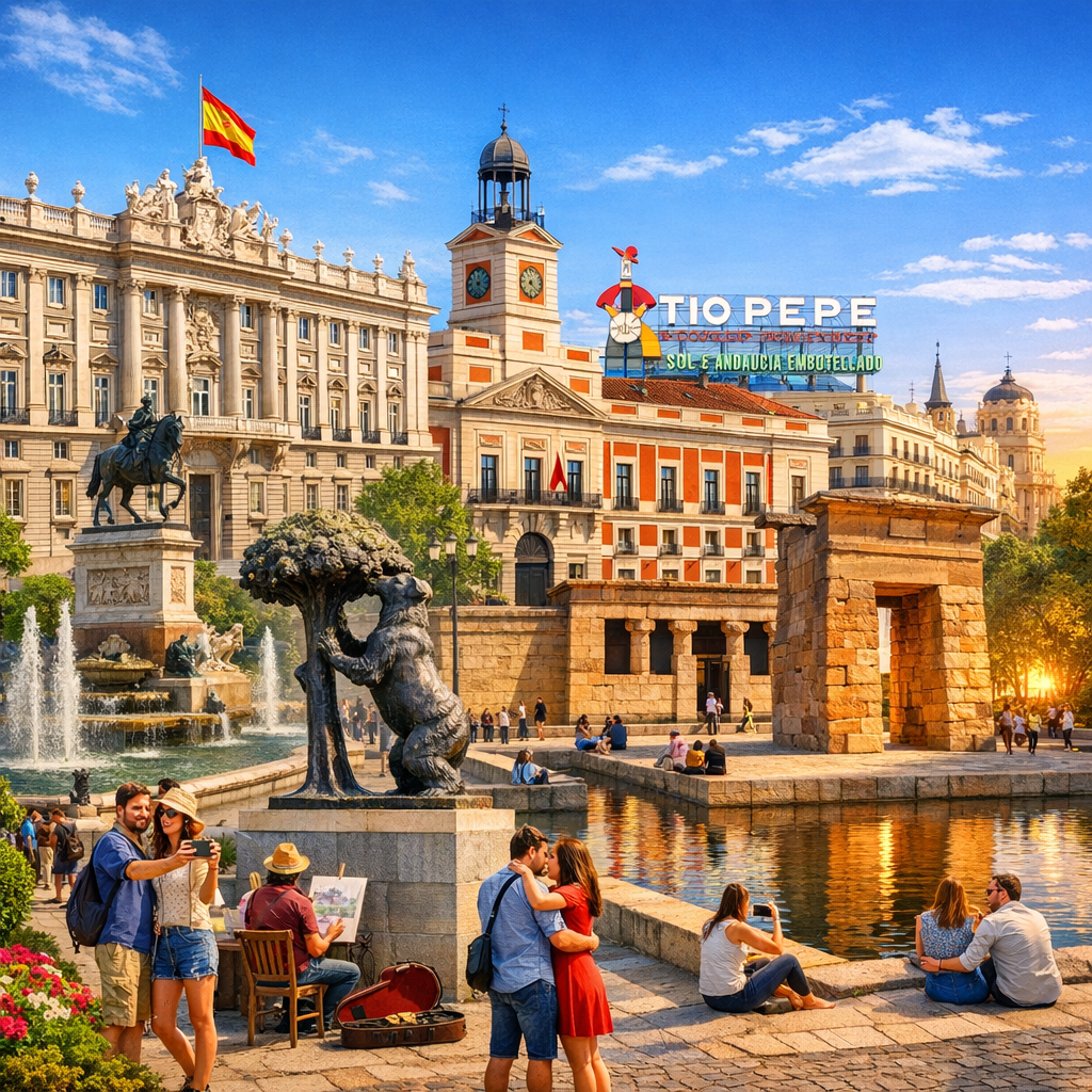 Collage de monumentos imprescindibles en Madrid, incluyendo el Palacio Real, la Puerta del Sol y el Templo de Debod.