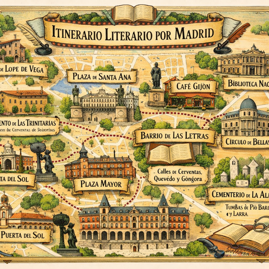 Mapa de itinerarios literarios en Madrid, resaltando sitios históricos en el Barrio de las Letras.