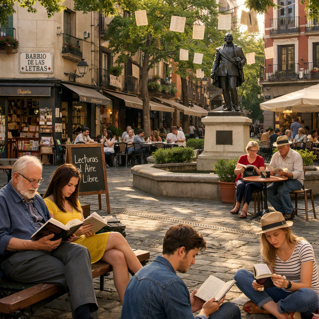 Gente leyendo en el Barrio de las Letras, Madrid