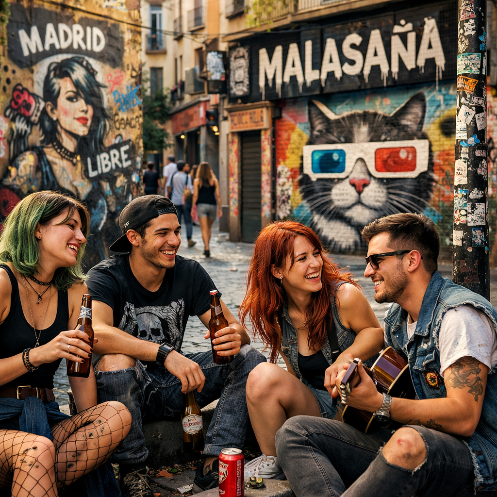 Grupo de jóvenes disfrutando en el barrio de Malasaña, Madrid