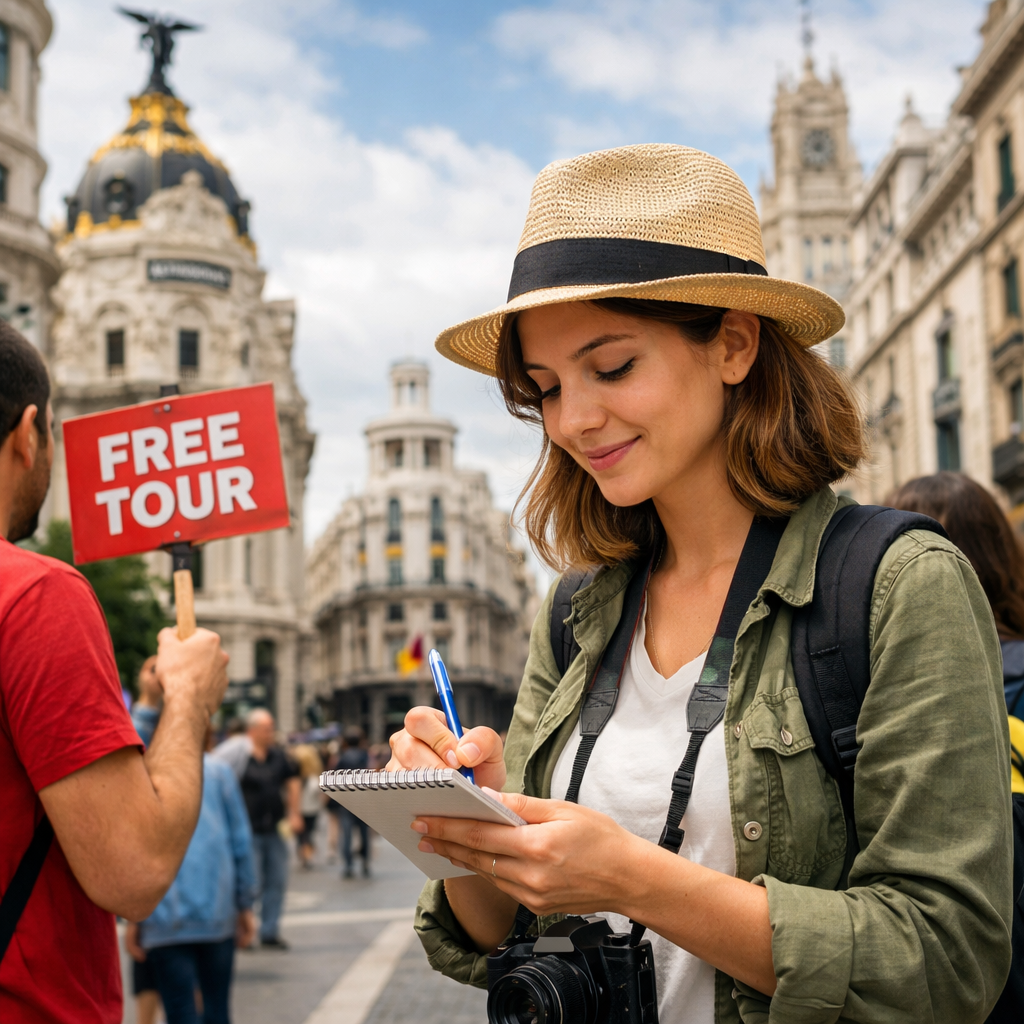 Turista tomando notas durante un tour gratuito en Madrid