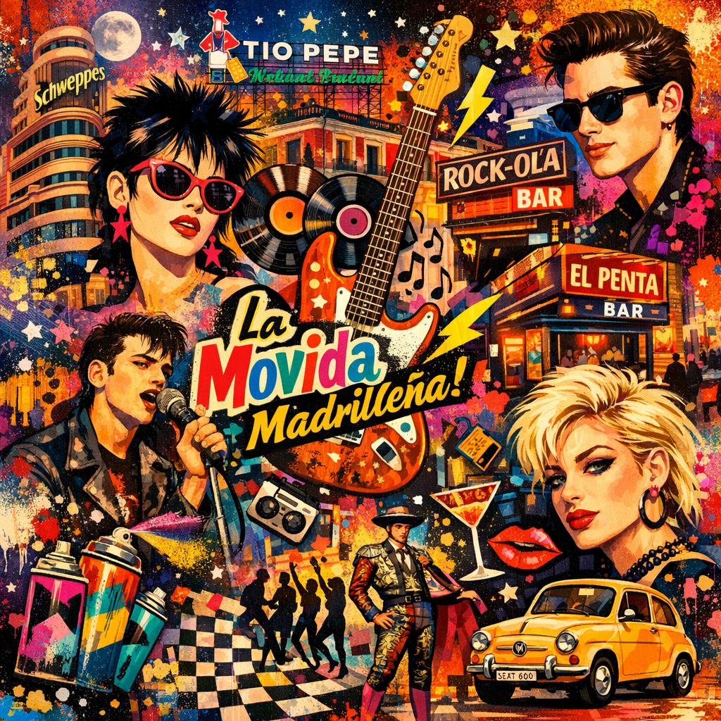 Collage representativo de la Movida Madrileña con música, arte y ambiente nocturno.